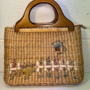 Cappelli Straworld Garden Raffia Straw Wood Handle Handbag